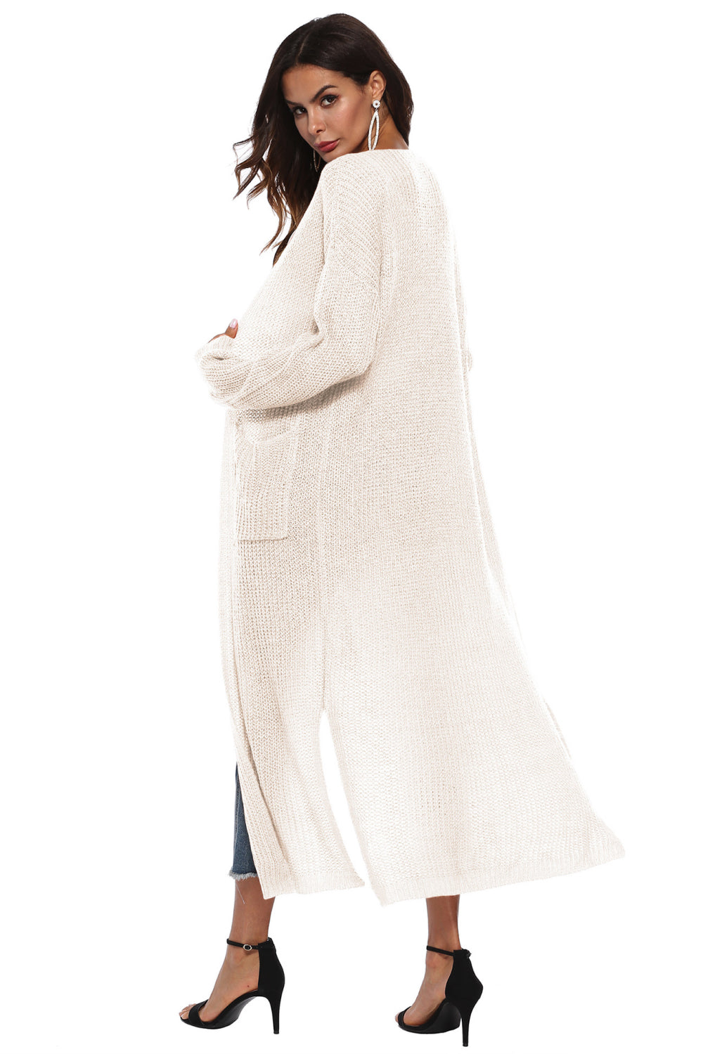 Ivory longline knit cardigan with side slits and pockets, acrylic material