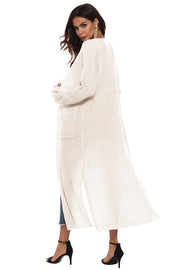 Ivory longline knit cardigan with side slits and pockets, acrylic material