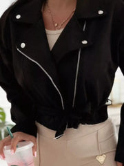 Cropped Biker Jacket With Belt Detail in Black, side view