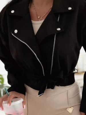 Cropped Biker Jacket With Belt Detail in Black, side view