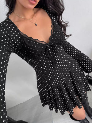 Polka Dot Lace Trimmed V-neck Mini Dress, side view