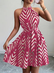 Rose Red halter neck tie-waist ruffle dress with chevron pattern