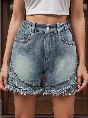 Air Force Blue denim shorts with studded scallop hem and frayed edges.