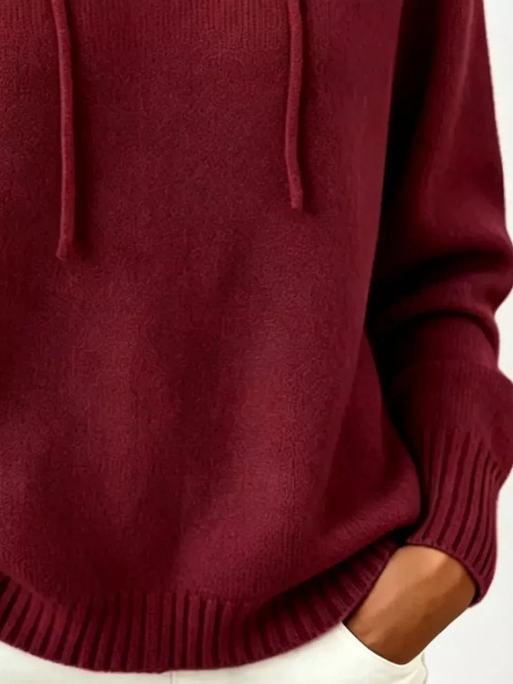 Cozy Ribbed Long-sleeve Hooded Sweater in White, product detail