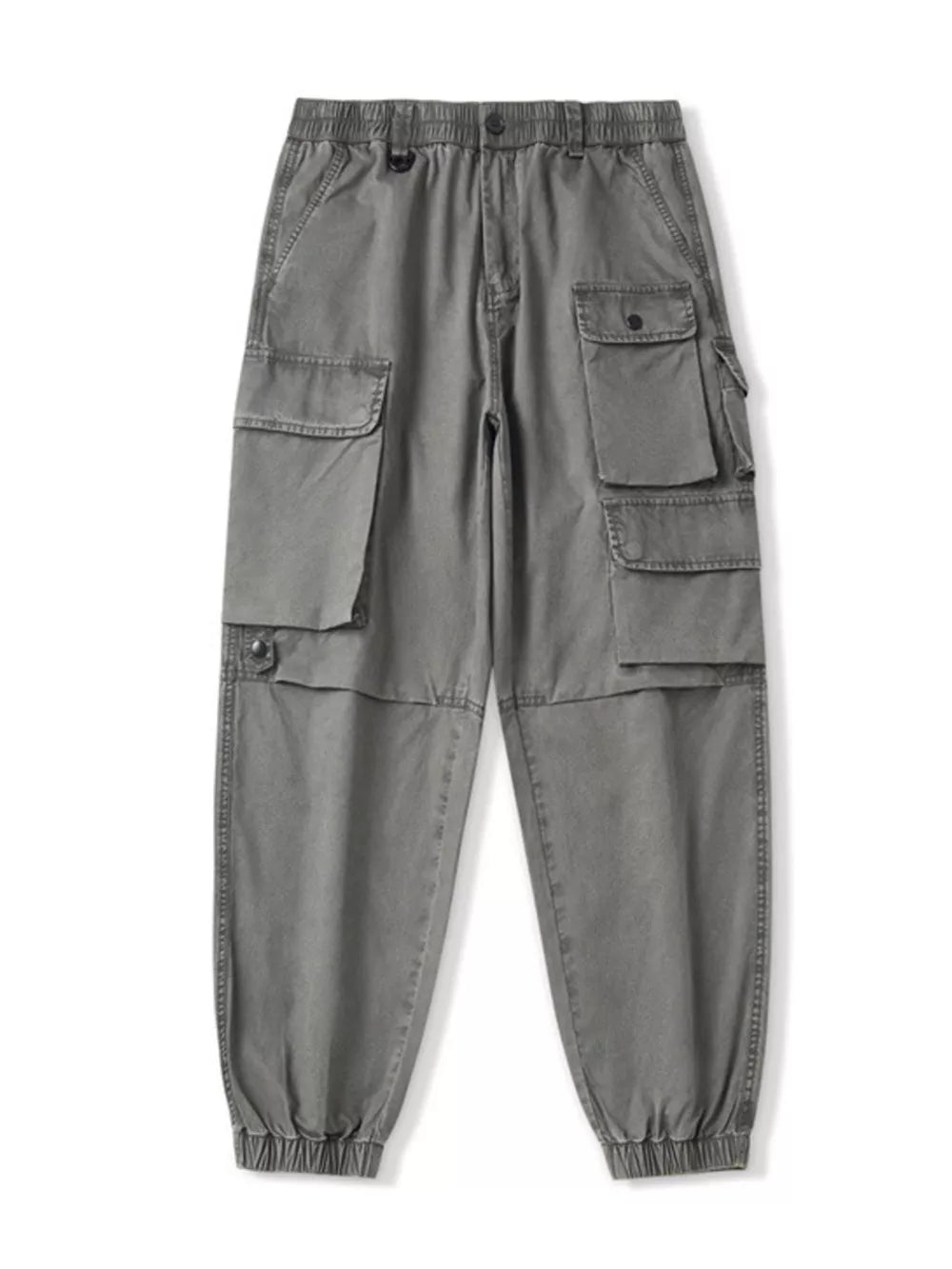 Grey relaxed fit cargo pants with multiple pockets and elastic cuffs.