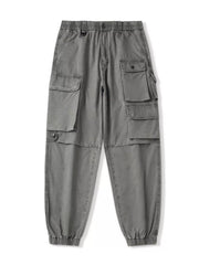 Grey relaxed fit cargo pants with multiple pockets and elastic cuffs.