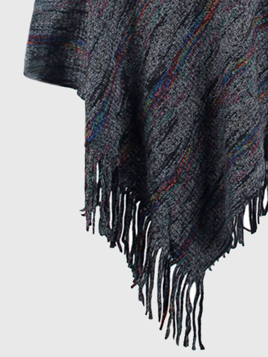 Charcoal mélange hooded cape with fringe detail and colorful stripe accents