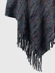 Charcoal mélange hooded cape with fringe detail and colorful stripe accents