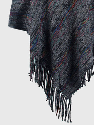 Charcoal mélange hooded cape with fringe detail and colorful stripe accents
