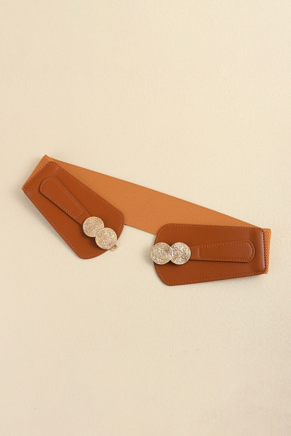 Caramel elastic belt with faux leather tabs and embossed alloy clasp detail