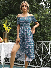 Floral off-shoulder midi dress in deep teal with a high slit and smocked bodice.
