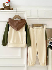 Baby color block hoodie and jogger set in cream, brown, and green.