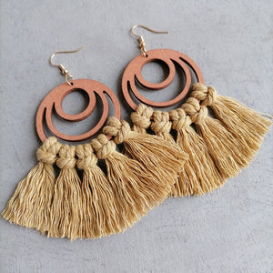 Macrame tassel and wood circle earrings in caramel with knotted fringe detail.