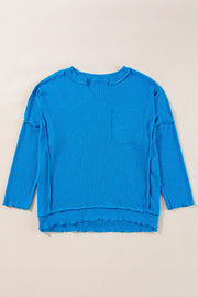 Textured blue thermal top with cutout neckline and chest pocket