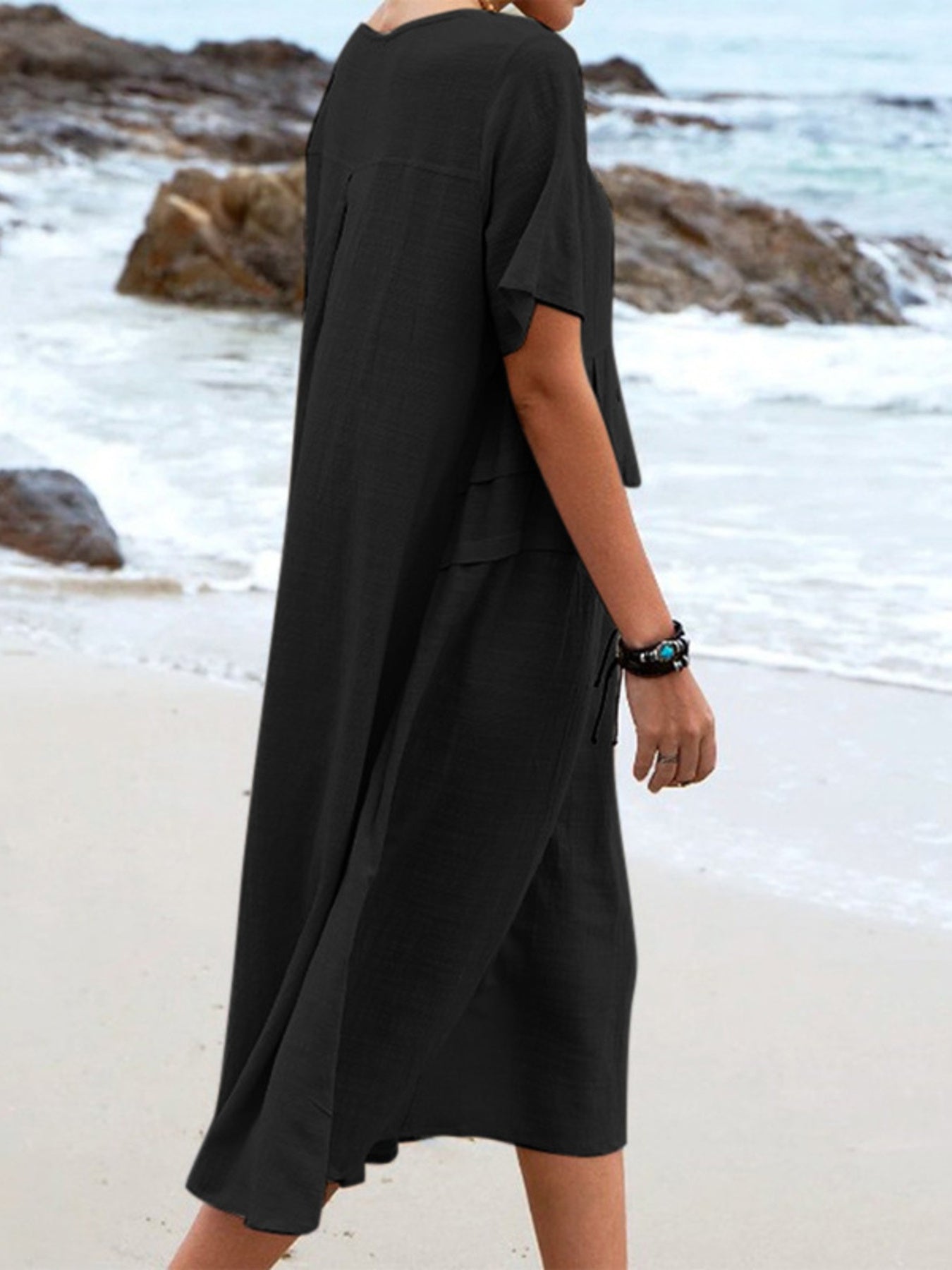 Full Size Casual Linen Blend Midi Dress in Royal Blue, back view