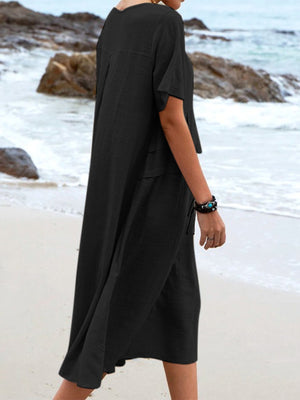 Full Size Casual Linen Blend Midi Dress in Royal Blue, back view