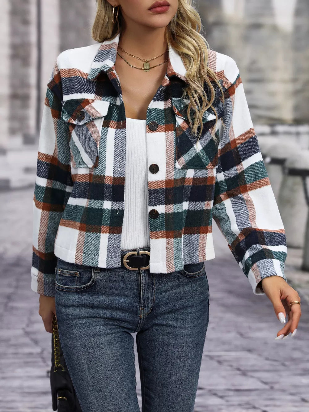 Plaid pocketed jacket with classic collar and button-down front in Black Forest colors.