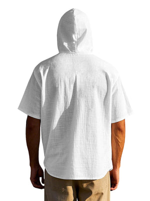 Men's white short sleeve hooded shirt with button detail and pocket.