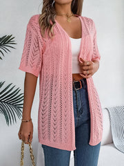 Pink open-knit chevron sleeve cardigan with V-neck and short sleeves.