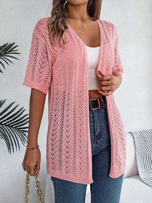 Pink open-knit chevron sleeve cardigan with V-neck and short sleeves.