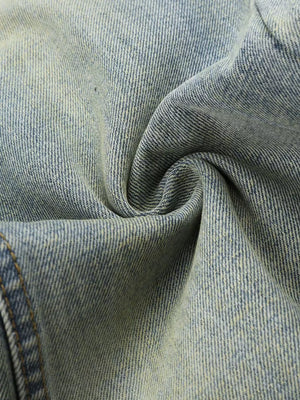 Men's blue denim wide leg trousers, classic cotton fabric detail.