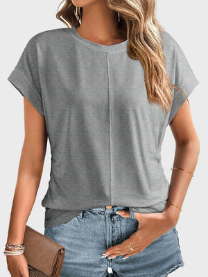 Gray seamed front ruched sleeve tee with crew neck and cuffed short sleeves.