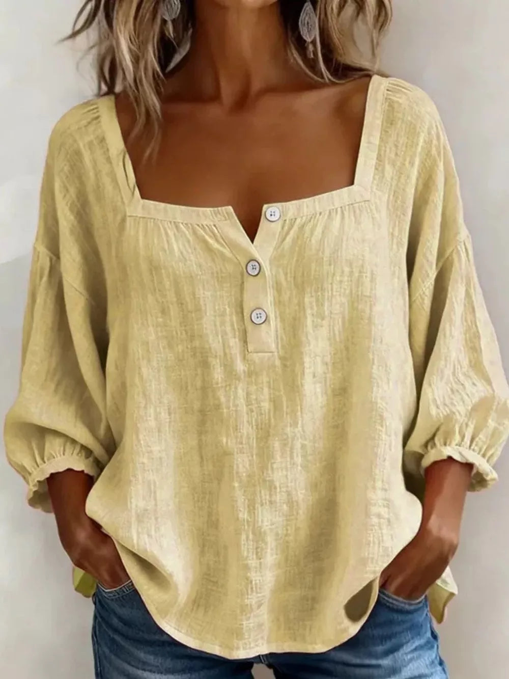 Full Size Square Neck Button Detail Blouse, close-up detail