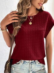 Textured Round Neck Short Sleeve Top in Malachite Green, fabric detail