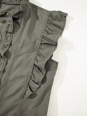 Ruffled denim vest with button closure and ruffled trim on sleeves.