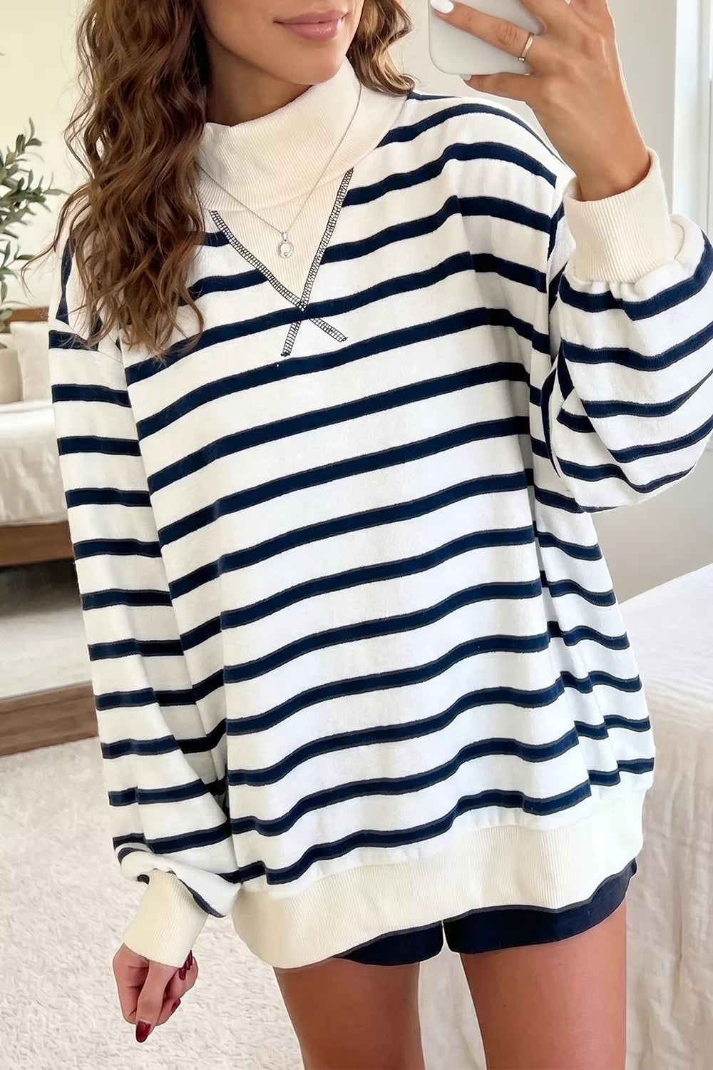 Striped Stand Neck Long Sleeve Sweatshirt in Stripe, front view