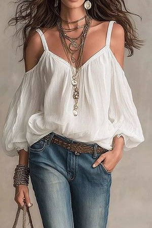 Cold Shoulder Balloon Sleeve Blouse in White, front view