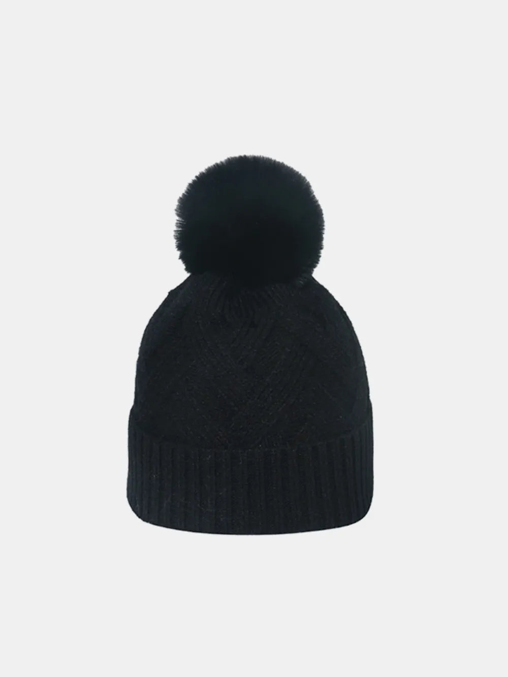 Black cable knit beanie with pompom and ribbed cuff