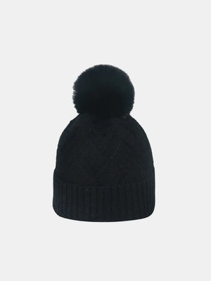 Black cable knit beanie with pompom and ribbed cuff