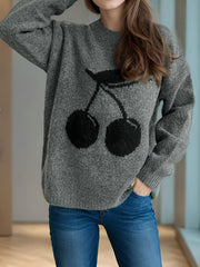 Dark Gray knit sweater with black cherry motif, crew neck, long sleeves, acrylic blend.