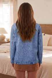 Patchwork Leather Collar Denim Jacket in Dusty Blue, side view