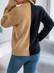 Split-face knit sweater in camel and black acrylic with ribbed cuffs and hem.