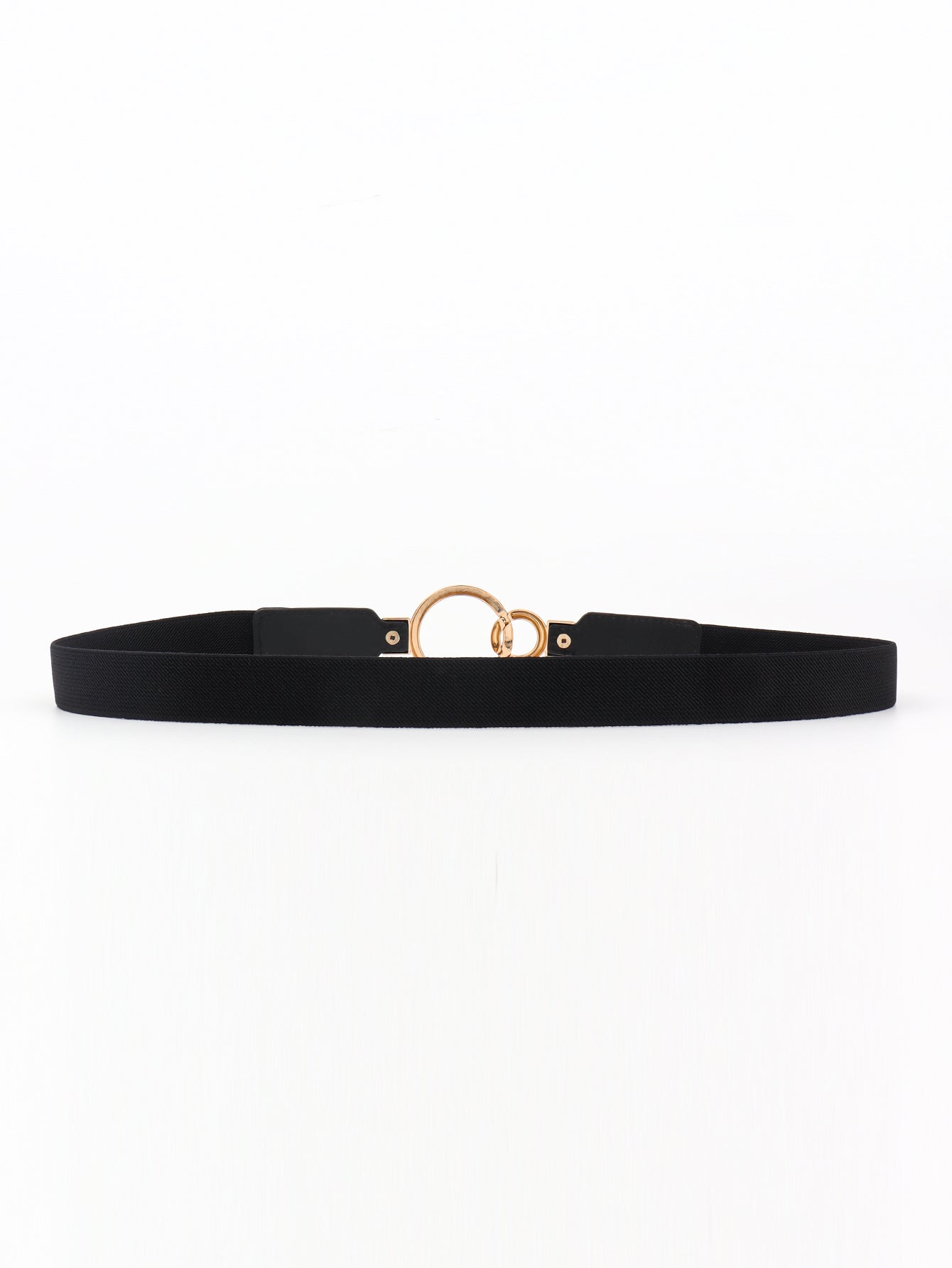 Black elastic belt with interlocked gold rings and buckle detail