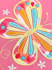 Toddler pink cotton set with colorful butterfly embroidery and ruffled sleeves.