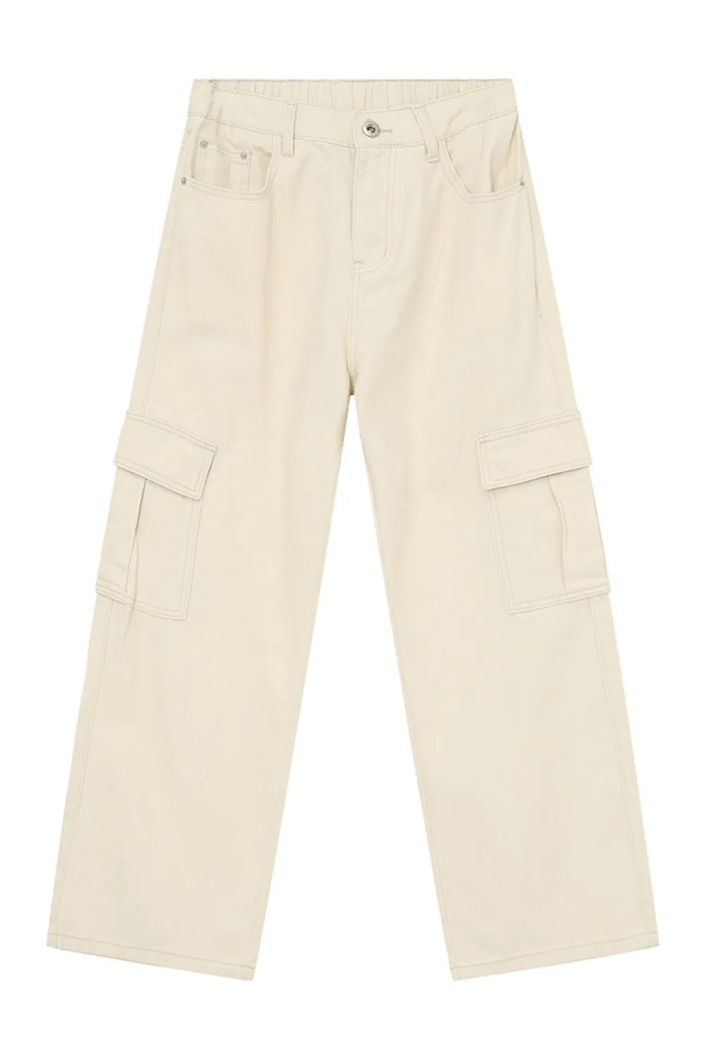 Ivory cargo pants with multiple pockets and contrast stitching.