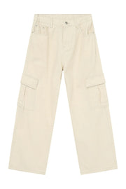 Ivory cargo pants with multiple pockets and contrast stitching.