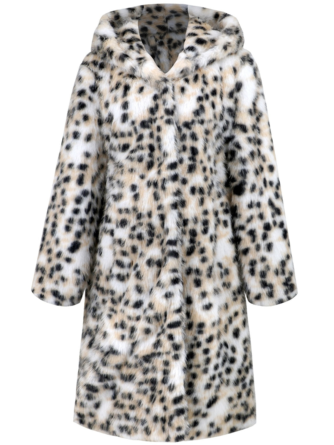 White leopard print faux fur maxi coat with hood