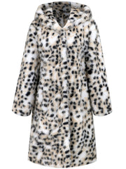 White leopard print faux fur maxi coat with hood