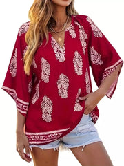 Printed Notched 3/4 Sleeve Blouse in Red, back view