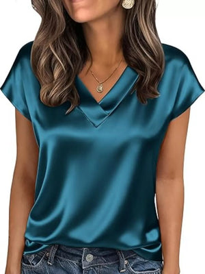 Teal Luxe Satin V-neck short sleeve maternity shirt with a draped neckline.