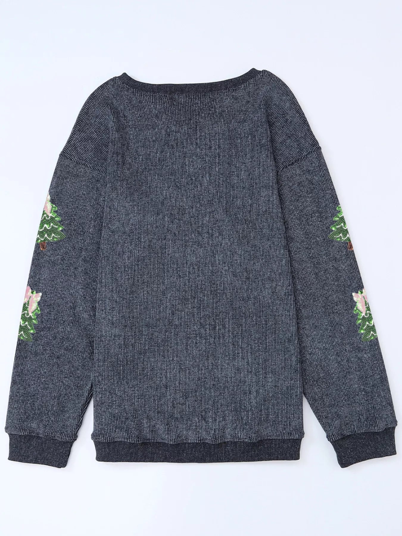 Dark gray ribbed baggy sweatshirt with sequin Christmas trees on sleeves.