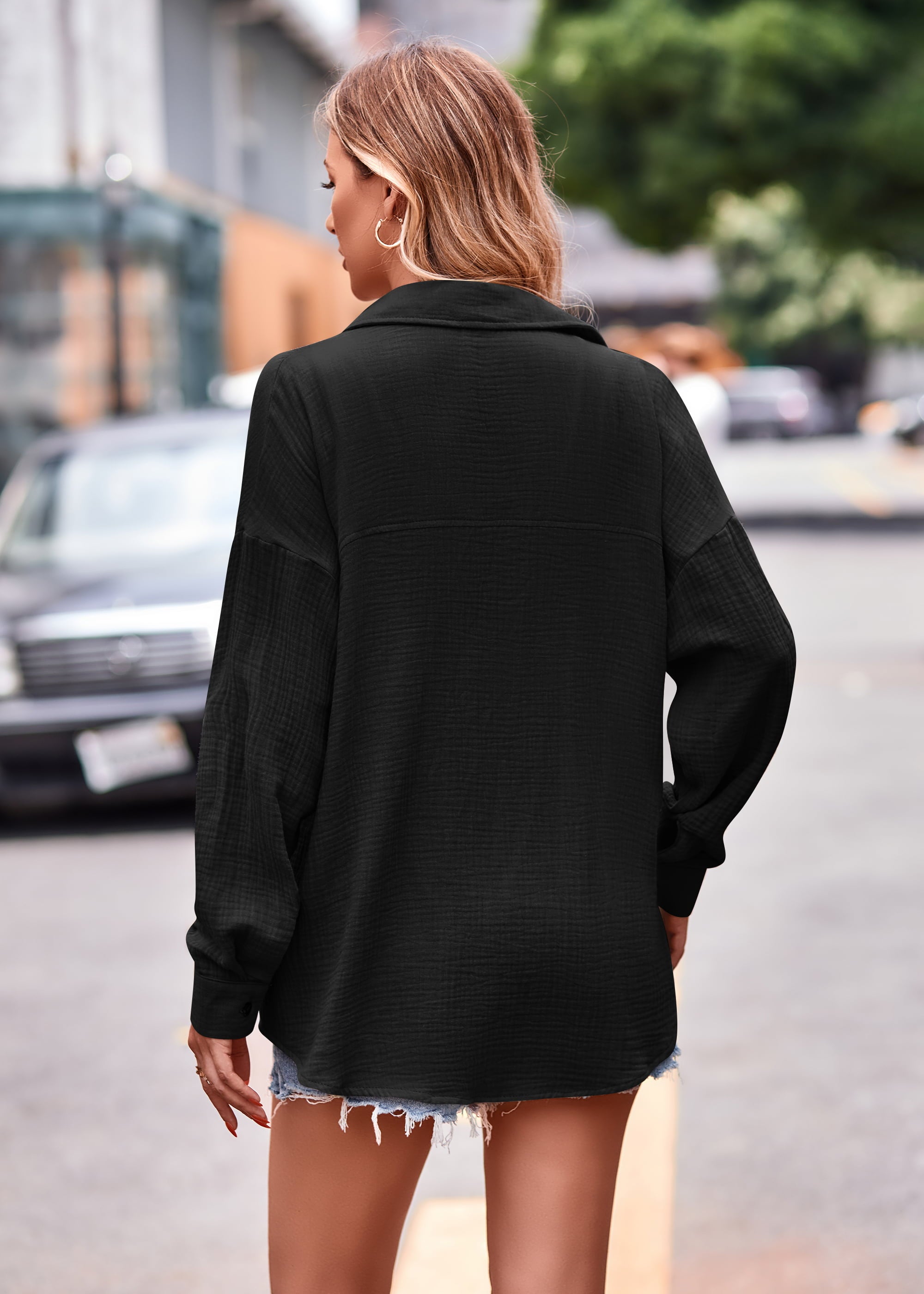 Black textured gauze overshirt with relaxed silhouette and button-down collar.