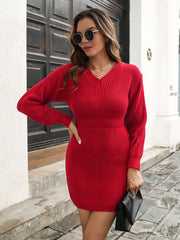 Deep red ribbed knit mini dress with V-neck and defined waist