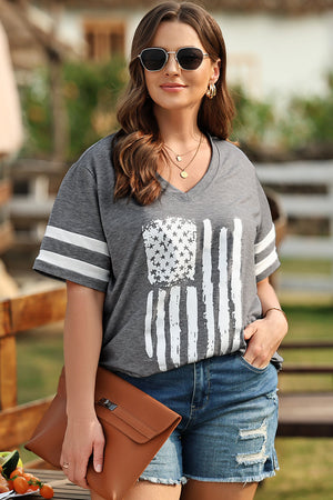 Dark gray v-neck t-shirt with American flag graphic and white sleeve stripes.