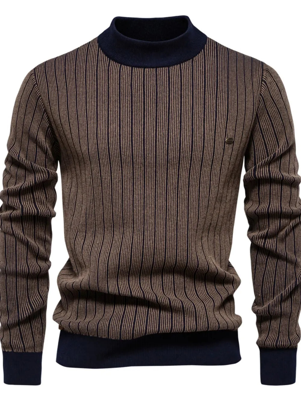 Brown ribbed stripe mock neck sweater with navy accents and a small metal detail on the chest.