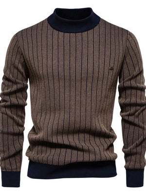 Brown ribbed stripe mock neck sweater with navy accents and a small metal detail on the chest.